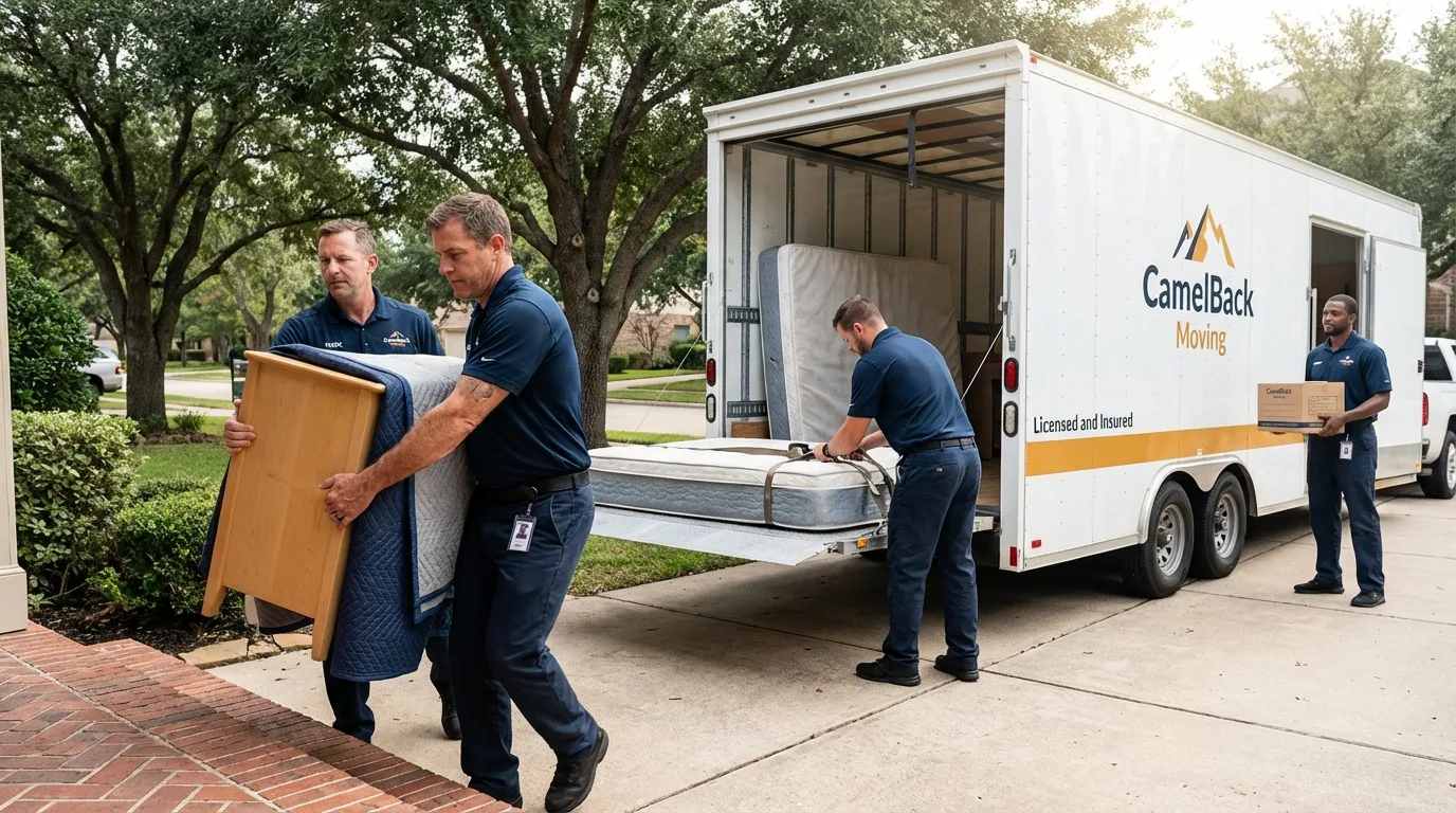 Crew loading residential truck for cross-state move from Rosharon, TX