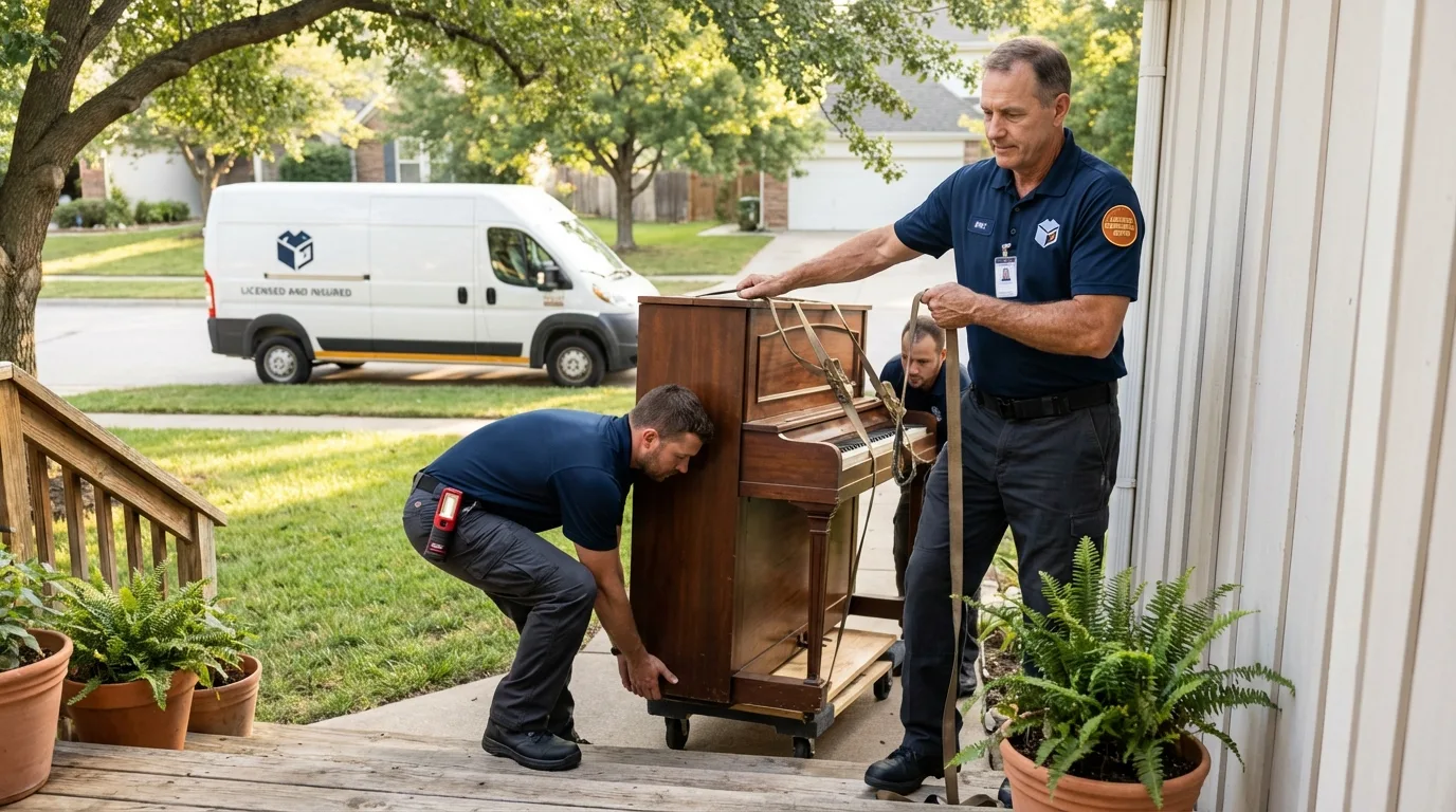 Licensed piano movers securing grand piano in Rosharon, TX