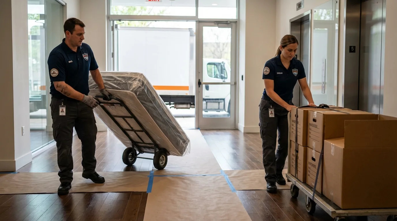 Professional apartment movers loading elevator in Rosharon, TX